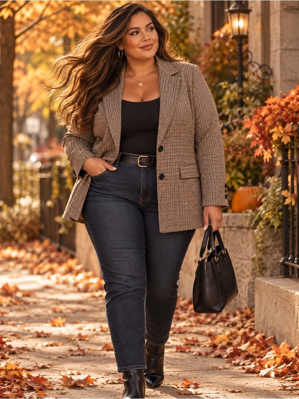 Penningtons Brown Plaid Notched Collar Blazer